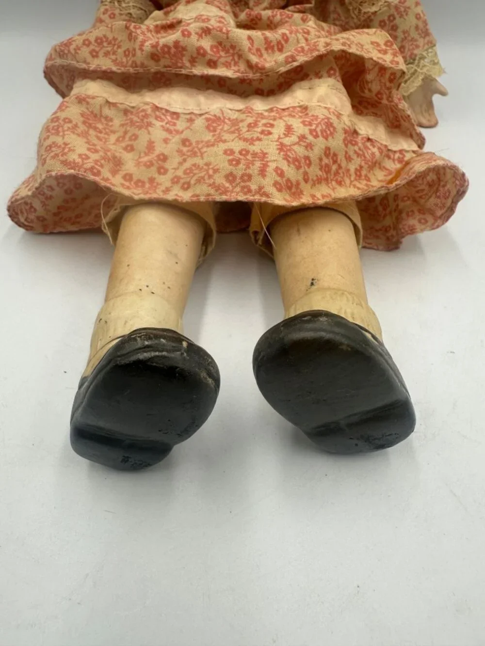 Antique Porcelain Doll With Floral Dress Blonde Hair & Lace Accents